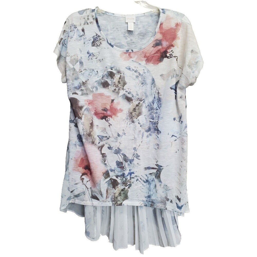 Chico’s Artsy Floral Scoop Neck Short Sleeve Pleated Back High-Low Hem Top 2 (L)